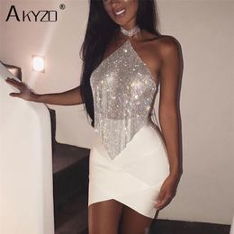 Fashion Halter Backless Crystal Cami Crop Tops Women Rhinestone Metal Mesh Festival Party Club Outfit Costume Top 210401