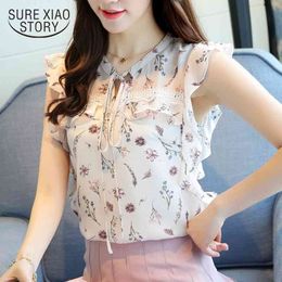 Clothing Summer Chiffon Sleeveless Women Casual Sweet Lady Fashion Bow White Print Blouses Blusas 0111 30 210415