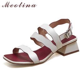 Meotina Sandals Women Narrow Band Real Leather Shoes Buckle Thick High Heels Shoes Square Toe Fashion Sandals Ladies Summer 210608