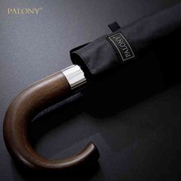 PALONY New Arrival Automatic Men Umbrella Three Fold Wooden Handle Black Coating Sun Folding Umbrellas 10K Windproof 210401