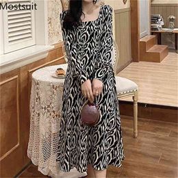 Leopard Printed Women Long Dress Plus Size Full Sleeve Square Collar Vintage Fashion Dresses Party Female Vestidos Femme 210513