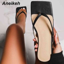 Summer Sexy Square toe Flip Flops High Heel Slippers Fashion Slip On Thin Heels Slides Outside Women Mule Black 210507