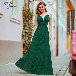 Pleated Green Maxi V-Neck sleeveless Sparkle Women Long Elegant Formal Party Ladies Knitted Dress Vestidos 210331