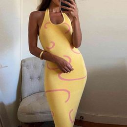 Elegant Knitted Bodycon Long Dress Women's Halter Neck Summer Yellow Sleeveless Midi Backless Party Sexy Dresses Beach Vestidos 210507