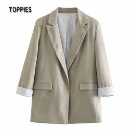 Toppies Summer Thin Linen Blazer Jacket Woman Leisure Suit Jacket Open Stitch Loose Jacket 210412