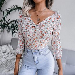 Women's Blouses & Shirts Casual Nine Quarter Sleeve Slim Blusas Women Fashion Chiffon Sexy V-Neck Elegant Floral Print Knotted Draped Tops