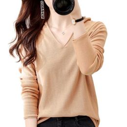 Loose lazy V-neck knitted sweater women fall winter pure cotton pullovers plus size women's long sleeve tops 210812