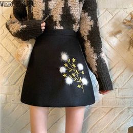 WERUERUYU Embroidered pleated skirt Women Plus Size Winter Warm Woollen Long Skirt Lady High Waist Casual Wool Office saia 210608