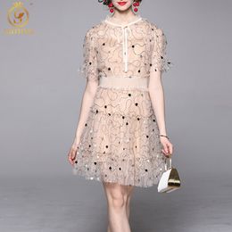 Fashion Designer Summer Dress Women Short Sleeve Mesh Embroidery Sequins Vacation Elegant Dresses Vestidos 210520