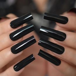 black nail salons UK - False Nails Salon Glossy Pure Black Extra Long Press On Full Cover Straight Square Fake Set Kit DIY Nail Art Tools