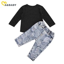 6M-5Y Autumn Toddler Baby Kid Girl Clothes Black Long Sleeve T Shirt Tops Denim Pants Outfits Children Costumes 210515