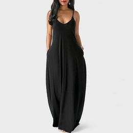 Fashion Women V-Neck Spaghetti Strap Maxi Dress Plus size 3XL Oversize Sleeveless Vacation Holiday Loose Fit Casual Long Dress 210716