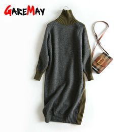Patchwork Turtleneck Sweater Dress Female Winter Warm Thick Ladies Elegant Plus Size Long Sleeve Vintage Korean 210428