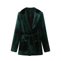 Elegant Women Dark Green Velvet Blazers Fashion Ladies Sashes Cross Coats Streetwear Female Chic Pocket Jackets 210527