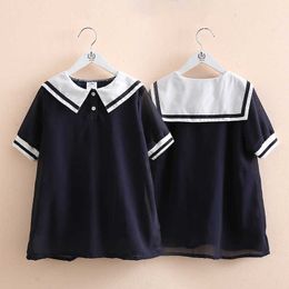 Summer Military Style 2-8 10 Year Children Short Sleeve Sailor Collar Patchwork Navy Blue Chiffon Dress For Kids Girls 210529