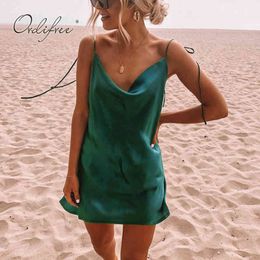 Summer Women Sexy Satin Spaghetti Strap Backless Silk Mini Dress 210415