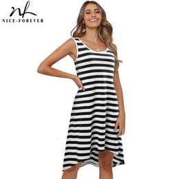 Nice-forever Summer Women Classic Stripes Print Sun Dresses Casual Oversized Stright Dress 1bty735 210419
