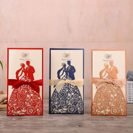 (20 pieces/lot) Bride & Groom Laser Cut Navy Wedding Invitation Card Red Gold Party Decoration Guest Cards CX171R