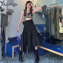 Cargo Black Punk High Waist Streetwear Gothic Irregular split Loose Midi Skirt Korean Women Harajuku Black Grey pleated skirt 210619