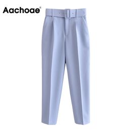 Aachoae Solid Elegant Pencil Pants Women Business Suit Female Pleated Lady Long Trousers With Belt Pantalones Mujer 210915