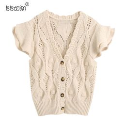 BBWM Women Fashion Ruffles Knitted Cardigans Vintage V Neck Short Sleeve Button-up Sweater Female Chic Tops 210520