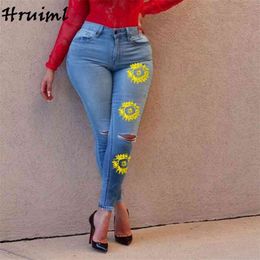 Pants Women Sunflower Pattern Slim-fit Fashion Denim Skinny Casual Solid Colour Hole Personalised Vetement Femme 210513