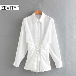 Zevity Women Fashion Waist Bandage Casual Slim Smock Blouse Office Ladies Business Shirts Chic Femininas Blusas Tops LS7306 210603