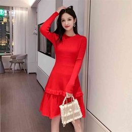 Autumn Winter Women Knitted Sweater Dresses Fashion Casual Office Ladies Chic Elegant Solid Ruffle 210520