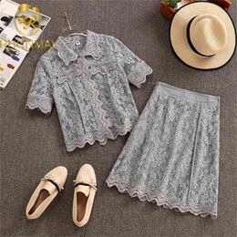 Summer Office Lady Lace Two Piece Set Women Floral Crochet Blouse + High Waist Mini Skirts Sweet Shirts Suit Elegant 210506