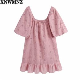 Women Elegant Hollow Out Embroidery Hem Ruffles Casual Pink Dress Female Square Collar Straight Vestido Chic Mini Dresses 210520