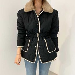 Autumn / Winter Puffer PufferJacket Women Fur Collar Double Pocket Long Sleeve Waist Thicked Cotton Warm Coat with Belt 210607