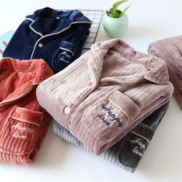 winter thickened flannel couple Pyjamas suit men and women coral fleece warm home service set simple two piece set sleepwear 211112