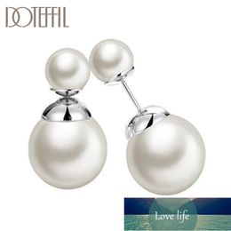 DOTEFFIL 925 Sterling Silver Spherical White/Black Pearl Earring For Woman Fashion Party Wedding Engagement Party Jewellery