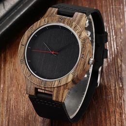 engraved leather UK - Wristwatches Engrave Wooden Watch For Men Black Dial Cowhide Leather Band Mens Natural Walnut Wood Causal Quartz Male Wrist Watches Xmas Gif