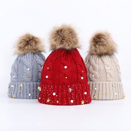 Star Pearl Rhinestone Red Hat For Women Autumn Winter Pompom Warm Knitted Cap Solid Colour Twist Ladies Beanie Caps New Year Gift