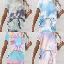 Women Casual Loose Tie Dye Colourful Clothing Sets Lady Short Sleeve Pullover Crew Neck Top + High Waist Drawstring Shorts X0428