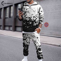 Autumn Winter Men's 2 Piece Set Warm Splash-Ink Print Casual Long Sleeve Oversize Hoodie Sweater Top+Sweatpant Tracksuit Outfit G1209