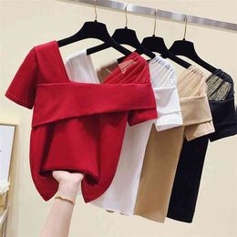 WWENN Korean Cotton Short Sleeve Lace Slash Neck T Shirt Women Clothes Summer Tops Tshirt T- Sexy Tee Femme 210507