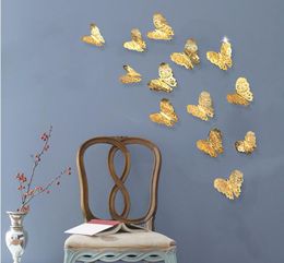 3D Butterfly Wall Sticker 12pcs/set Silver Golden Hollow Butterflies Stickers for Living Room Window Home Decorations