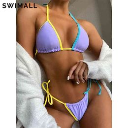 Sexy Bikini Women Swimsuit Padded Bra Bandage Set Swimwear Female Splicing Halter Bathing Suit Beach Wear Biquini 210621