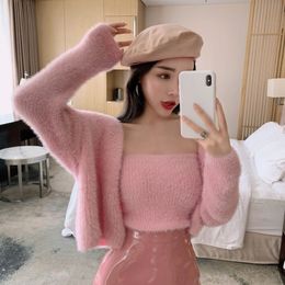 Mink cardigan women's loose short long-sleeved sweater coat camisole two-piece top matching sets for women X0428