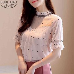 Summer Tops Polka Dot Short Sleeve Shirts Blusas Mujer De Moda Korean Mesh Chiffon Blosue Women Clothes 8852 50 210417