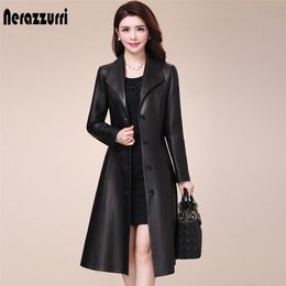 Nerazzurri Spring autumn long black soft faux leather coat women long sleeve buttons slim fit Elegant leather jacket women 210916