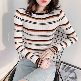 Korean Sweater Women Stripe Knitted s Autumn Woman Long Sleeve Basic Rainbow Pullover s for 210427