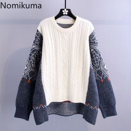 Nomikuma Oversized Women Sweater Vintage Contrast Colour Twisted Patch Knitted Pullover Autumn Winter Thick Pull Femme 6C973 210427