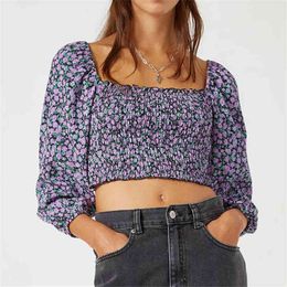 Vintage Women Purple Floral Print Shirt Fashion Ladies Elastic Short Tops Elegant Female Streetwear Square Collar Blouse 210427