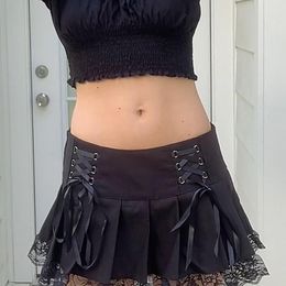 Skirts 90s Aesthetic Black Pleated For Teen Girls Y2k Punk Low Wasit Lace Up Mesh Trim Bow Gothic Grunge Skirt Femme Jupes