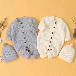 Autumn Winter Baby Boys Girls Pure Colour Rompers Clothes + Hat 2PCS Children Boy Girl Kids Knitting Long Sleeve 210429