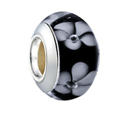 Top Quality Murano Lampwork Glass Bead 925 Stering Silver White Flower on Black Big Hole Loose Beads Fit European Pandora Charms Bracelet & Necklace Diy Jewelry