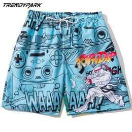 Men's Short Funny Anime Print Summer Hip Hop Oversize Pockets Streetwear Harajuku Drawstrings Mesh Casual Board Beach Shorts 210601